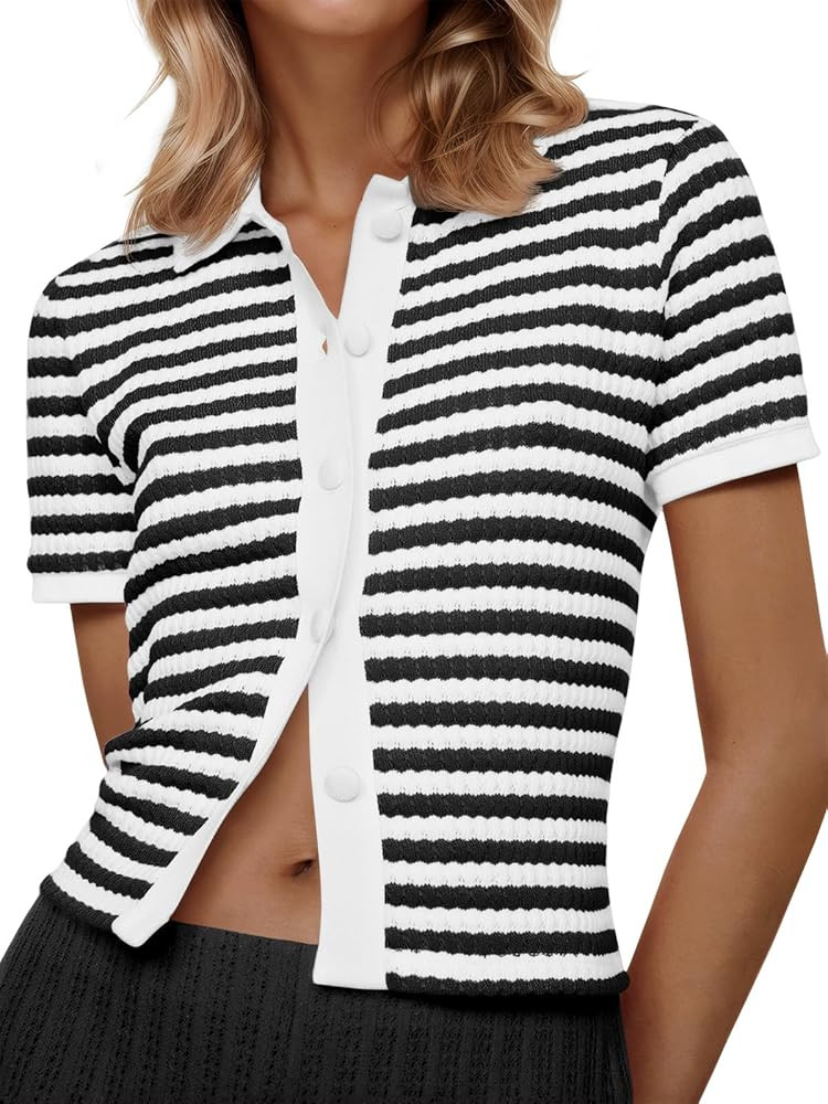 Saodimallsu Womens Striped Short Sleeve Sweater Tops Polo Collared Button Crochet Summer Cropped ... | Amazon (US)