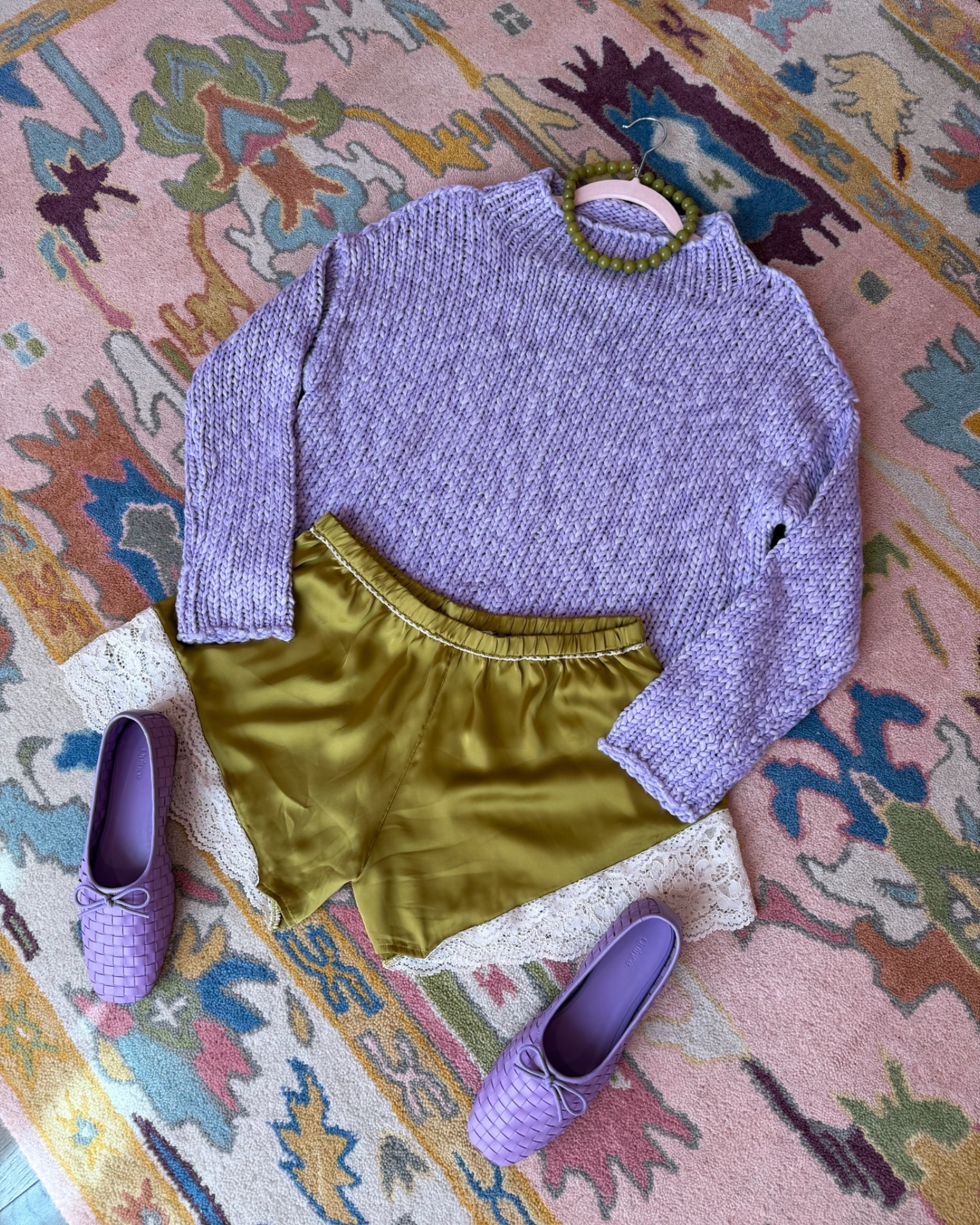 Lavender and chartreuse fall color combo / chartreuse lace shorts / lavender ballet flats 
Size small in both

#LTKPetite #LTKSeasonal #LTKootd