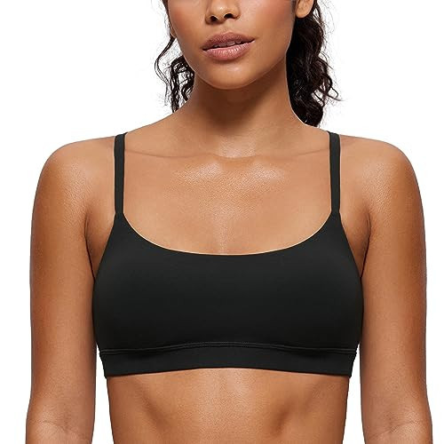CRZ YOGA Butterluxe Adjustable Spaghetti Strap Sports Bras for Women - Scoop Neck Wireless Padded Yoga Workout Crop Top Black XX-Small | Amazon (US)