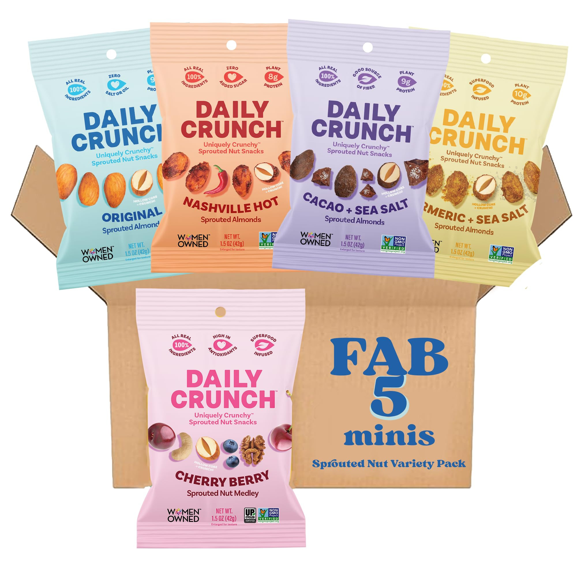 Daily Crunch Sprouted Almonds, 1.5 Ounce Mini, On-The-Go Bags (Variety Pack, 5 Pack) Contains: Or... | Amazon (US)