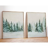 Winter Wall Art Prints, Snowy Pine Trees Vintage Style Painting, Snow Woods, Minimal Evergreen Forest Artwork | Etsy (US)