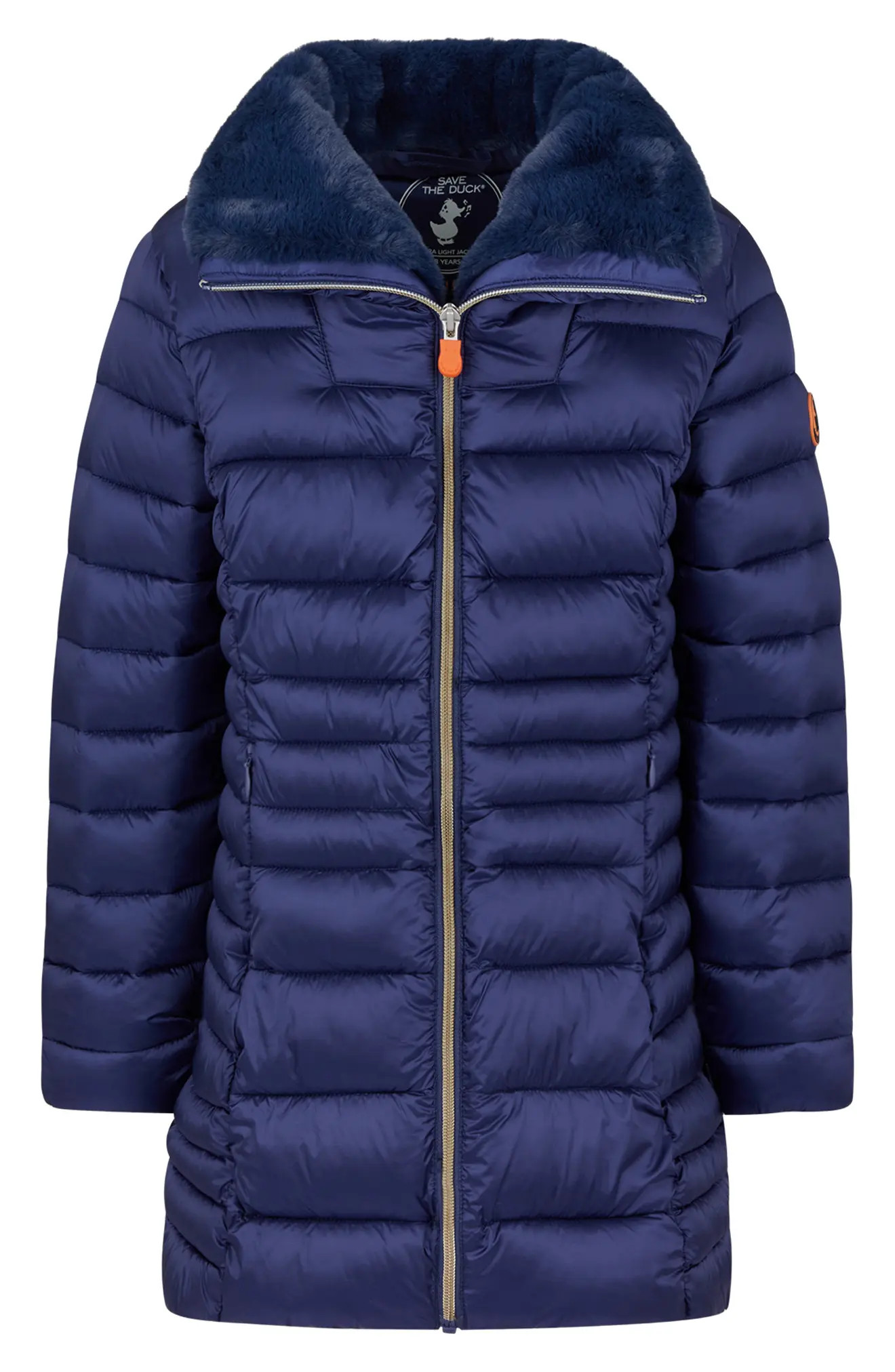 Save The Duck Kids' Mia Faux Fur Lined Puffer Jacket, Size 12 in Navy Blue at Nordstrom | Nordstrom