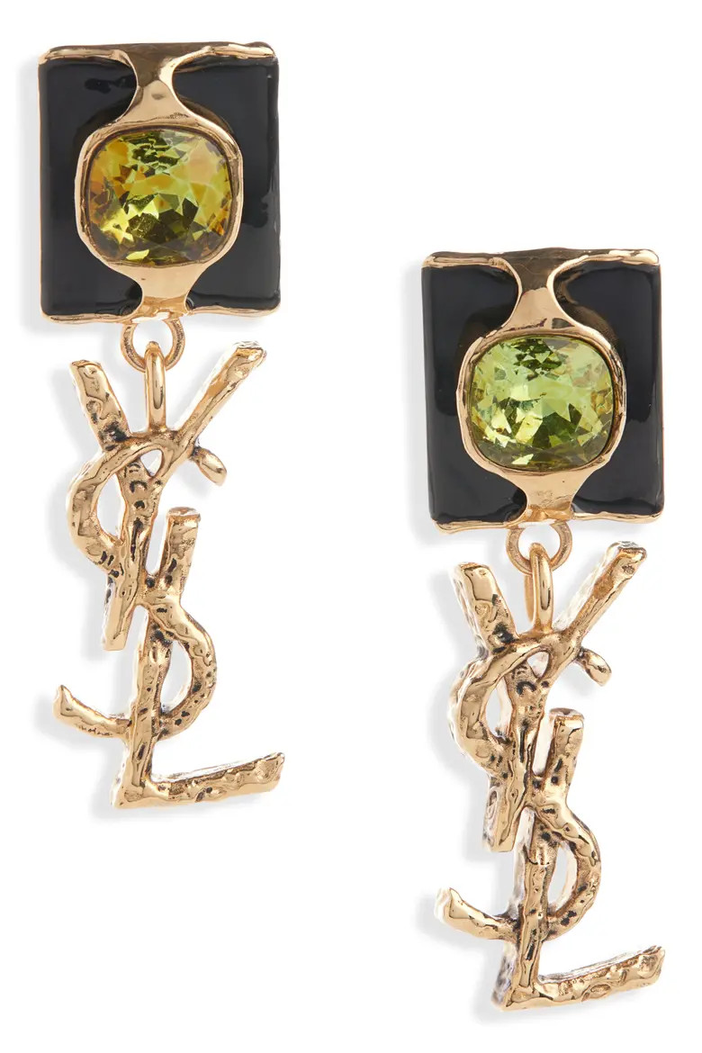 Saint Laurent YSL Squared Pendant Drop Earrings in 7131 Grn/blk/patinated Gold at Nordstrom | Nordstrom