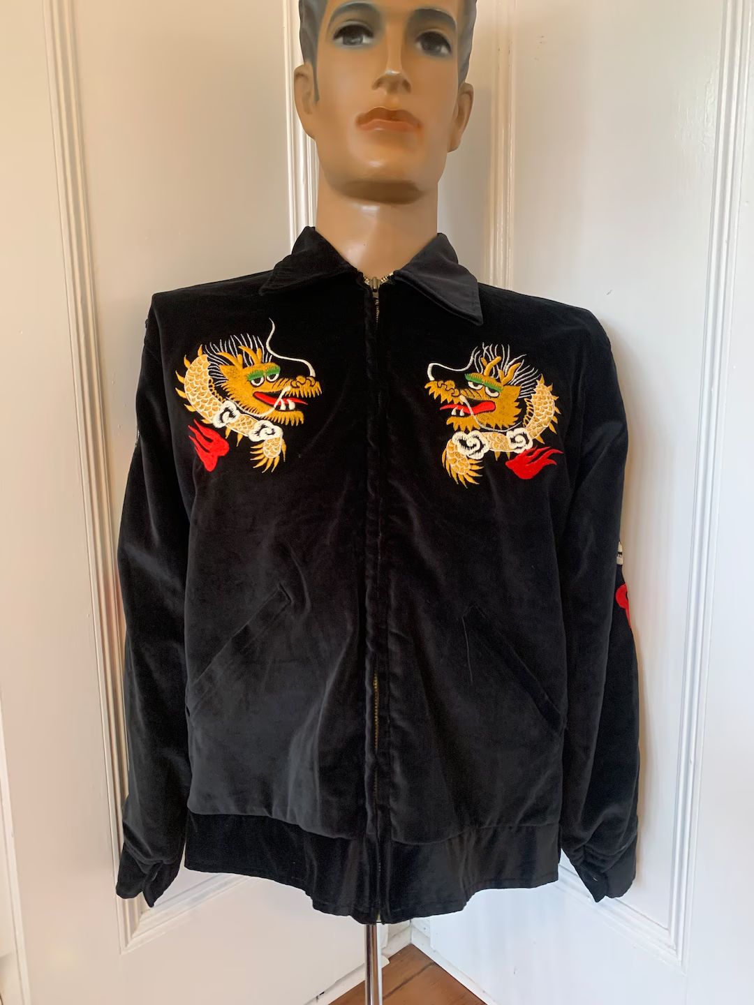 Black velvet Japanese souvenir jacket with embroidered dragons and a map of Japan | Etsy (UK)