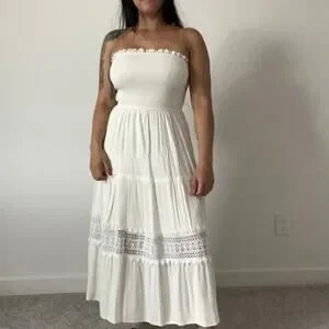 White Boho Tiered Strapless Midi Dress Shirring top Stretchy Crochet | Poshmark
