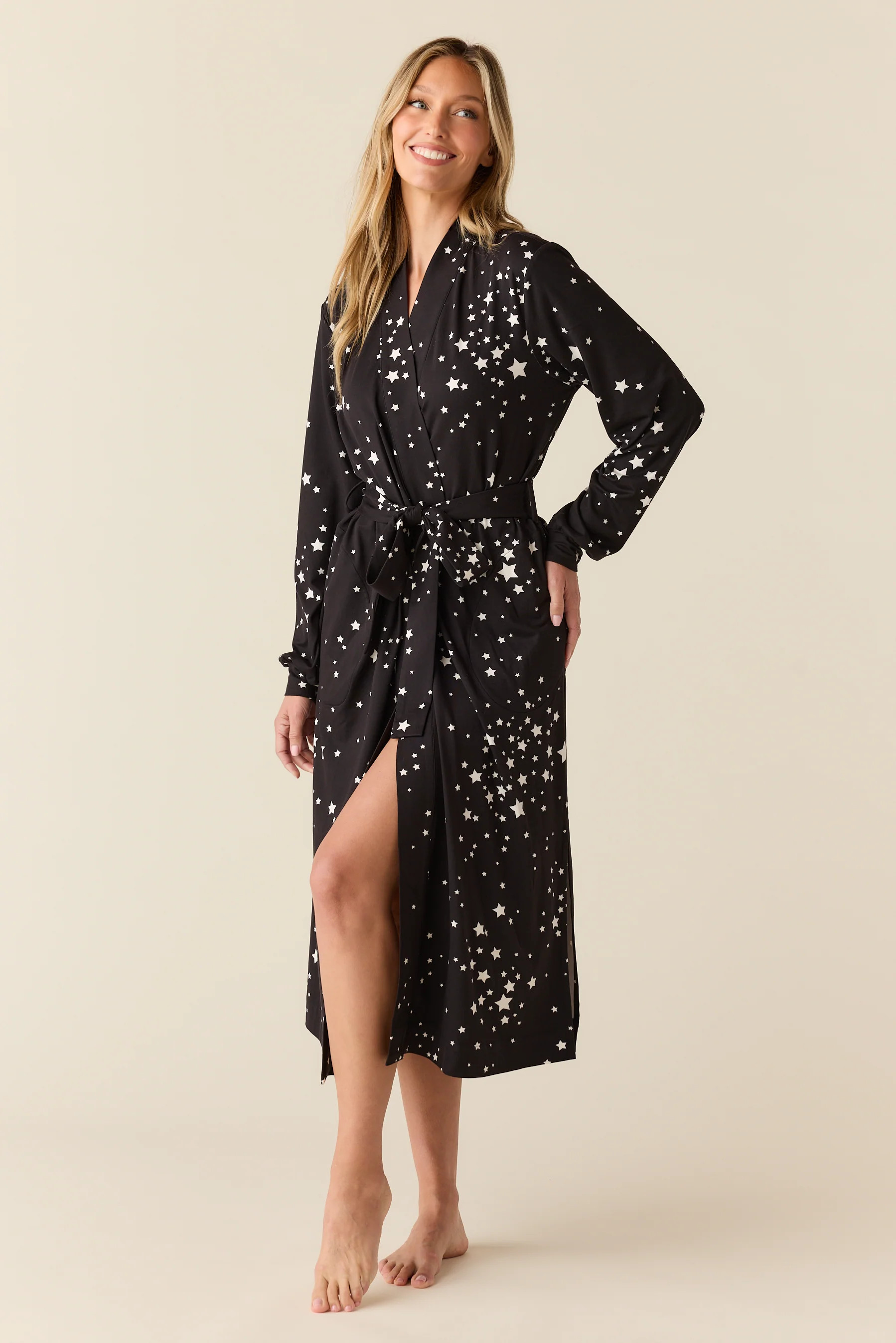 Della Cloud Jersey Banded Midi Robe in Black Stars | MASONgrey