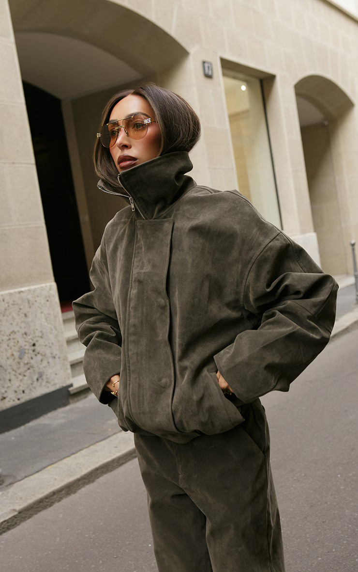 Khaki Suede Biker Jacket | PrettyLittleThing US