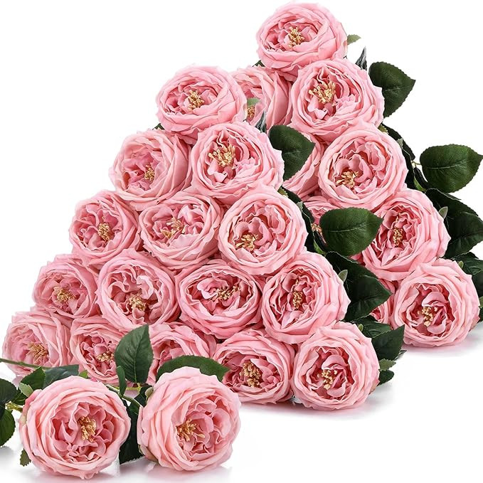 Giegxin 20 Pcs Real Touch Peonies Austin Roses Artificial Flowers, Faux Look Real Long Stems Fake... | Amazon (US)