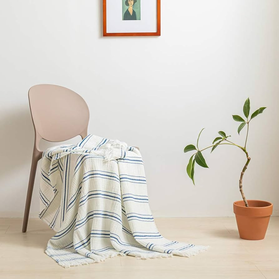 Simple&Opulence Yarn Dyed Striped Cotton Muslin Throw Blanket for Bed, Couch, Knit Woven Blanket ... | Amazon (US)