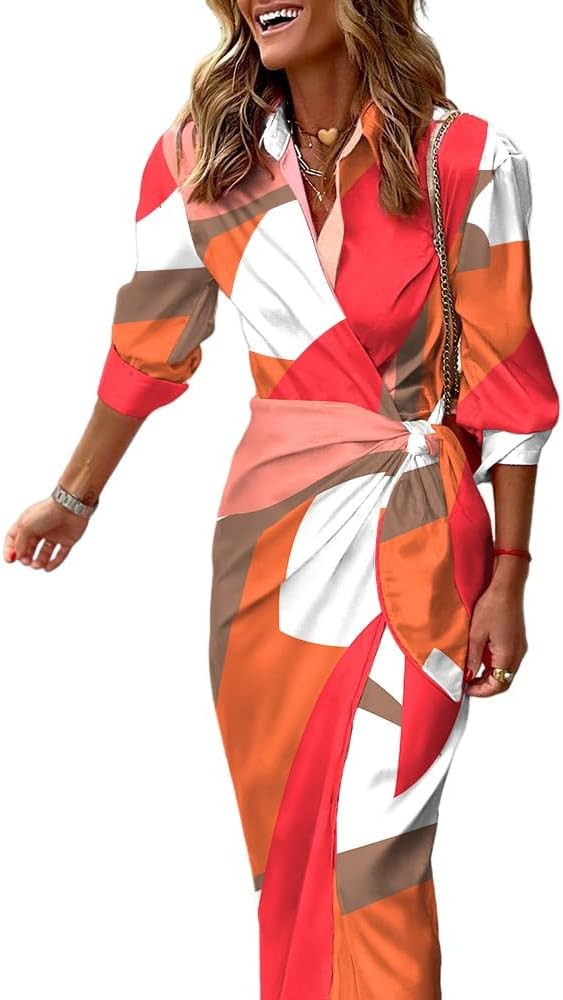 CHICME Women's Long Sleeve Midi Dress Casual Wrap Tied Detail Shirt Dresses Floral Print Fall Lon... | Amazon (US)