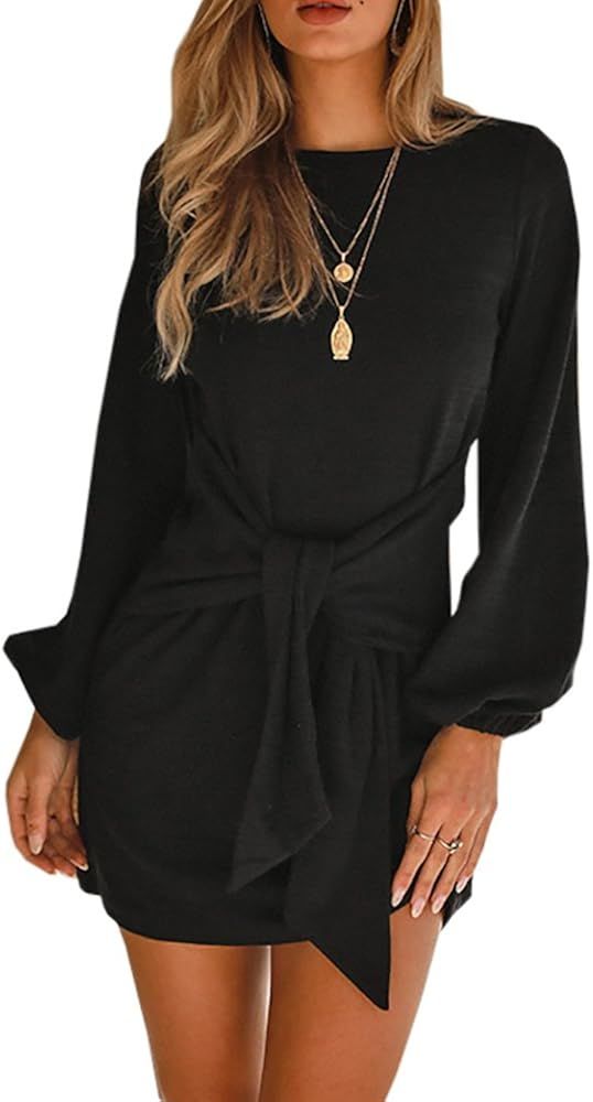 Imysty Womens Dresses Casual Tie Front Lantern Sleeve Party Short Mini Pencil Dress | Amazon (US)