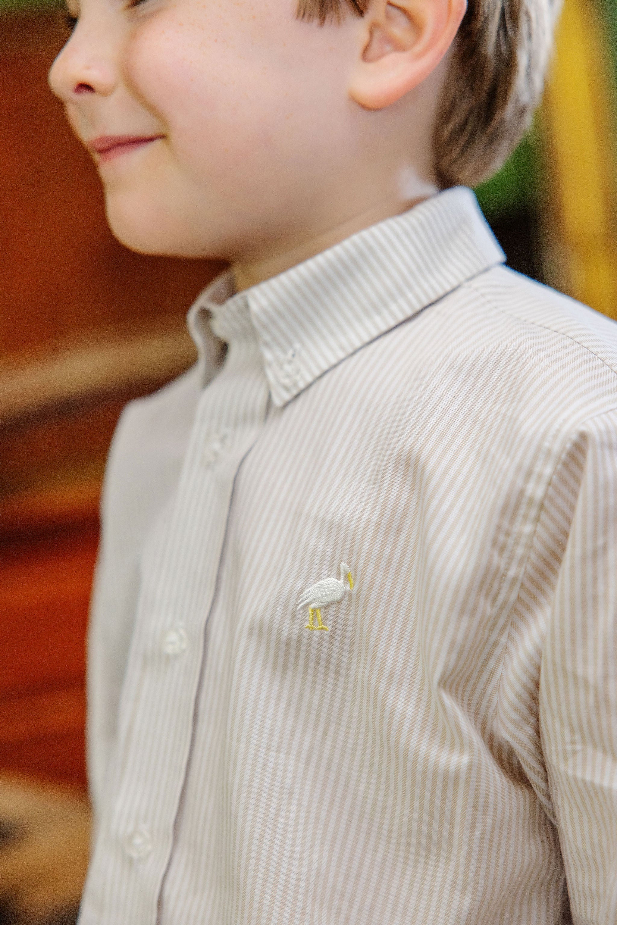 Dean's List Dress Shirt - Keeneland Khaki Oxford Stripe with Multicolor Stork | The Beaufort Bonnet Company