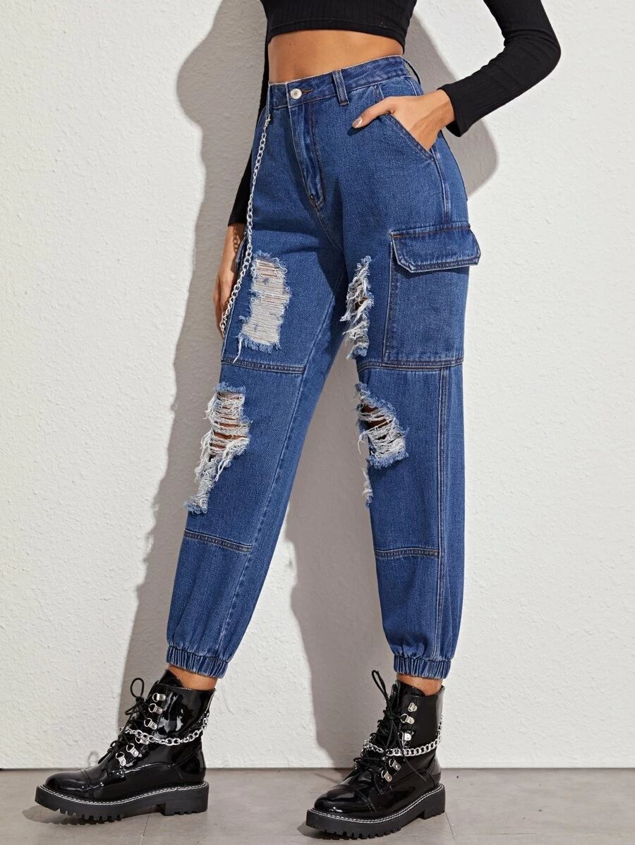 Flap Pocket Ripped Jeans With Chain | SHEIN