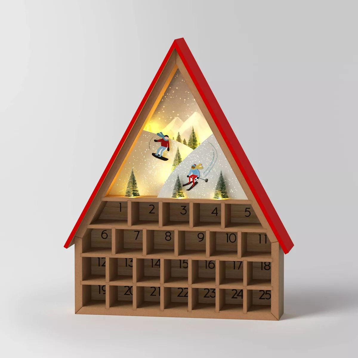 18" Battery Operated Lit Wood Ski Lodge Christmas Advent Calendar Red/Brown - Wondershop™ | Target