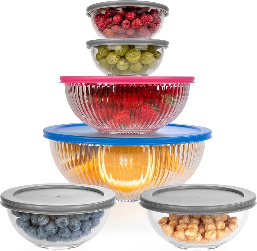 Set of 6 Stackable Space-Saving Nesting Glass Bowls with BPA Free Lids for Foodprep, Storage, Bak... | Amazon (US)