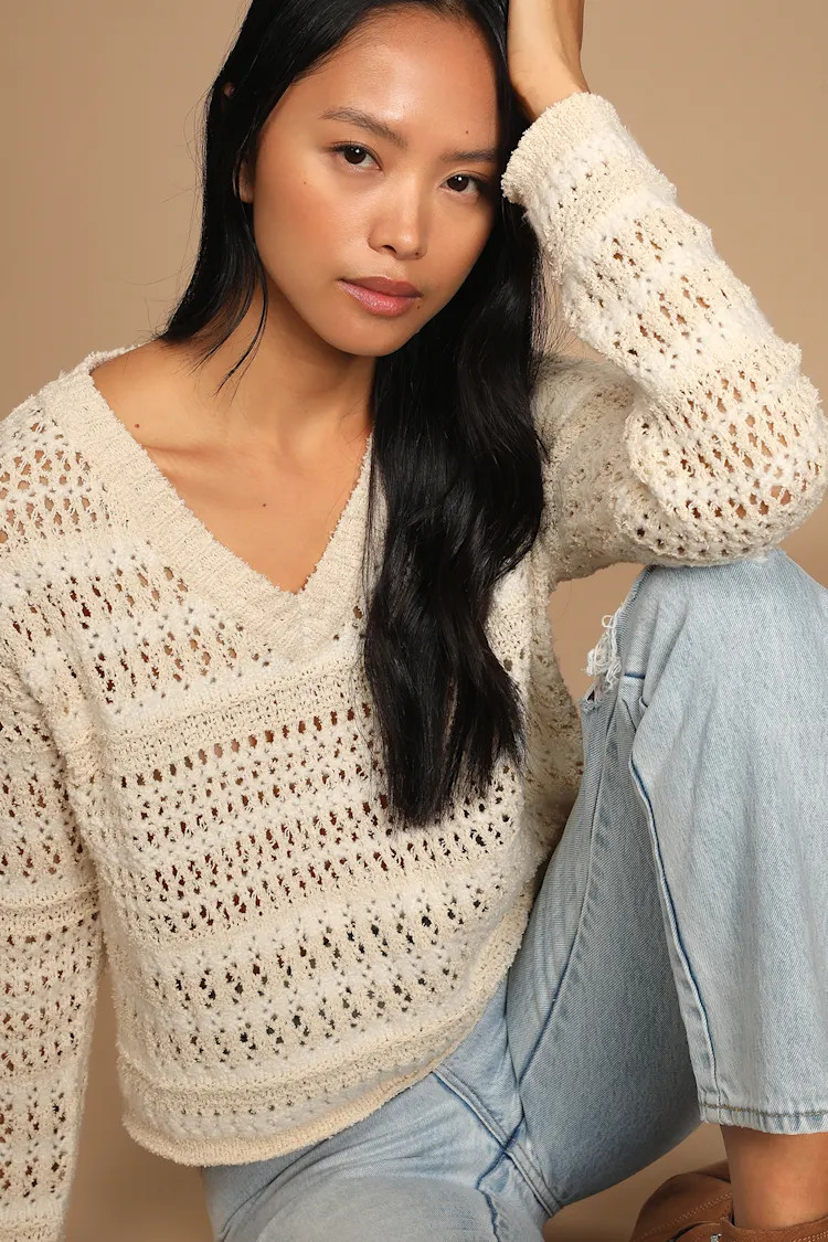 Cute Looks Beige Striped Loose Knit Sweater | Lulus (US)