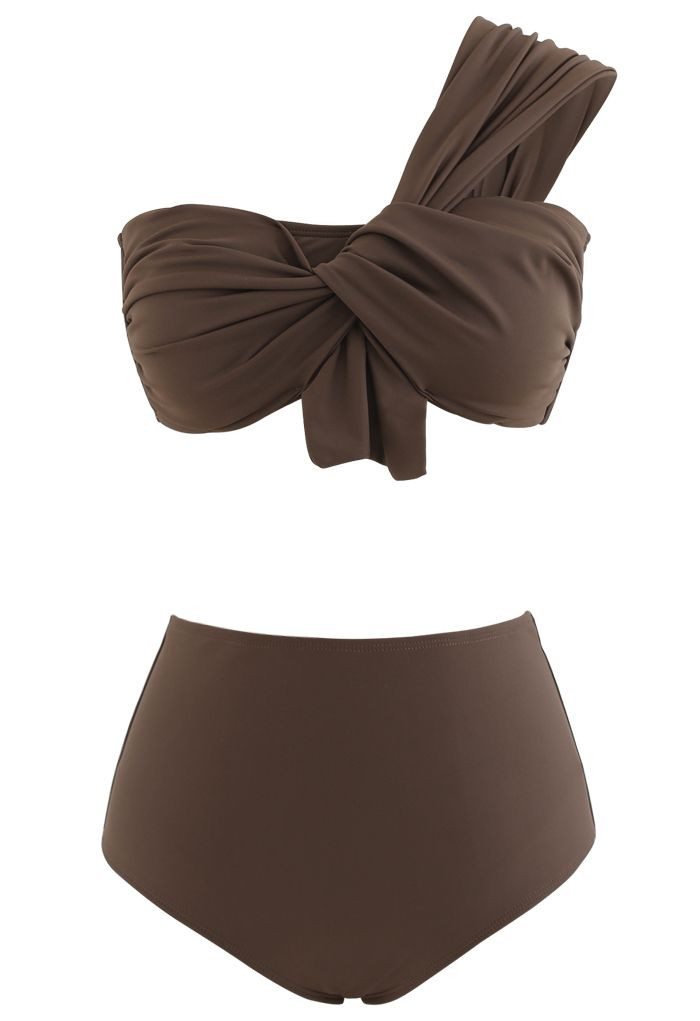 Sweet Knot One-Shoulder Bikini Set in Brown | Chicwish