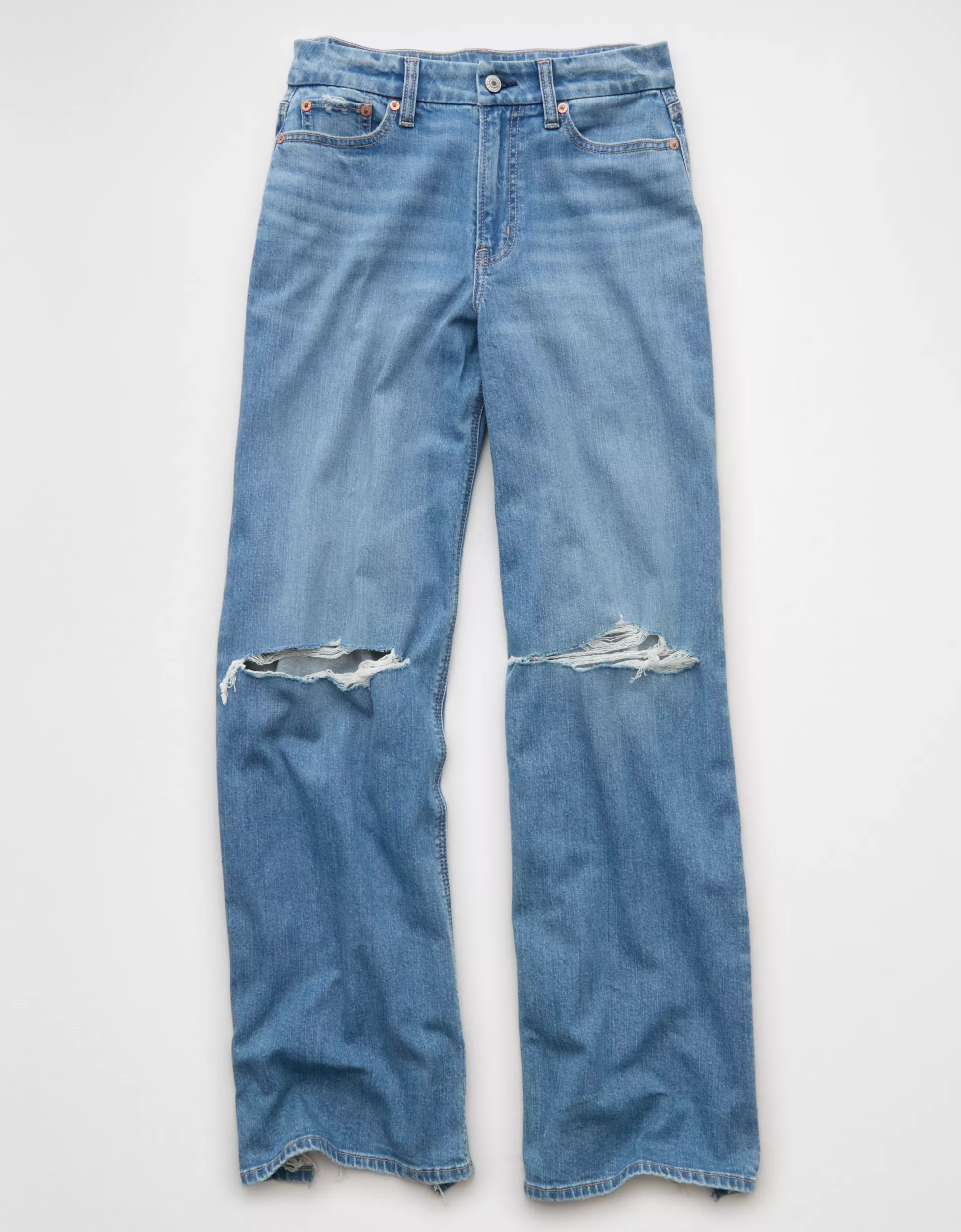 AE Dreamy Drape Stretch Curvy Ripped Super High-Waisted Baggy Wide-Leg Jean | American Eagle Outfitters (US & CA)