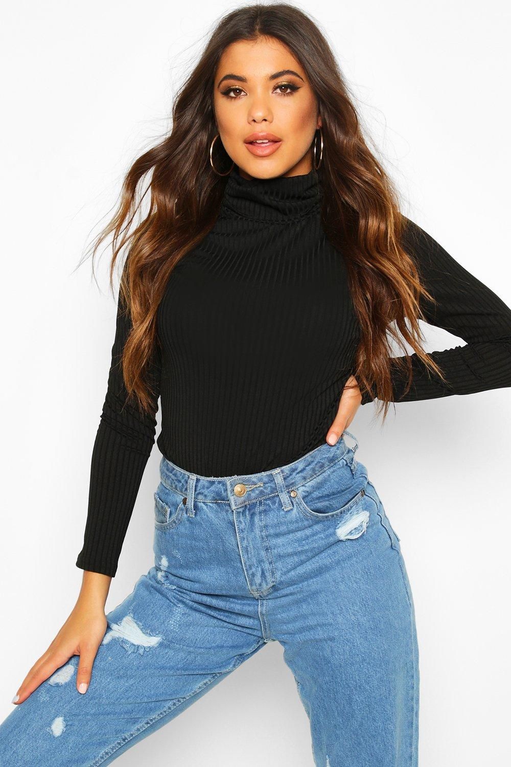 Womens Jumbo Rib Turtleneck One Piece - Black - 8 | Boohoo.com (US & CA)