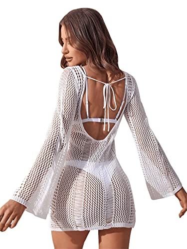 Floerns Women's Crochet Cover Up Long Sleeve Hollow Out Bikini Swimsuit Beach Cover Up Swimwear | Amazon (US)