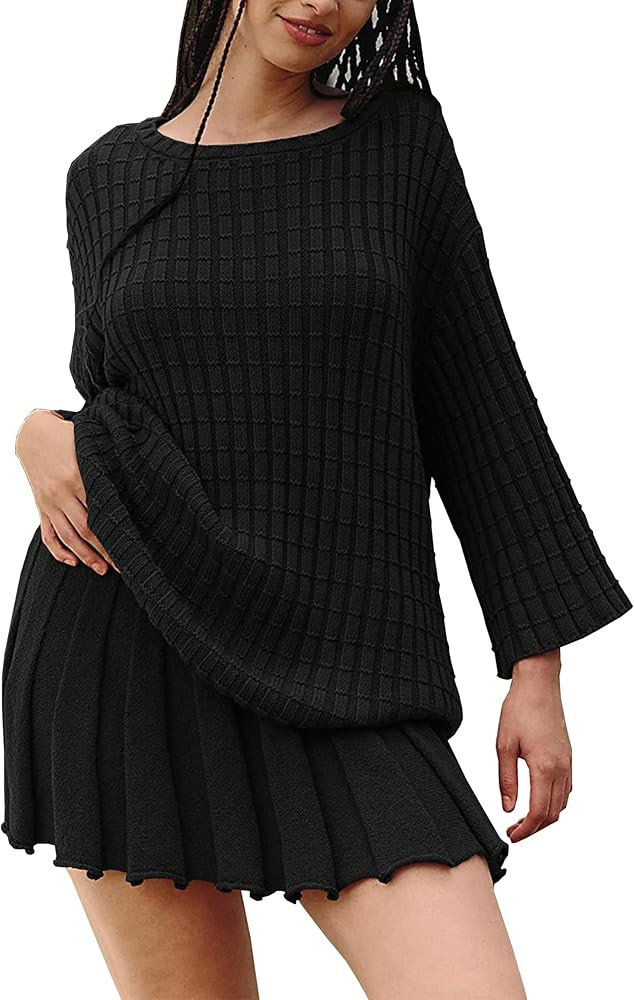 Sweater Set 2 Piece Skirt Sets for Women Two Piece Outfits Casual Loose Knit Pullover Mini Skirt | Amazon (US)