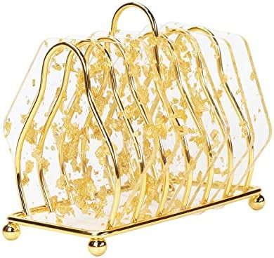 Coasters for Drinks, Stylish Gold Foil Coasters with Gold Holder, Clear Acrylic Cup Coasters for ... | Amazon (US)