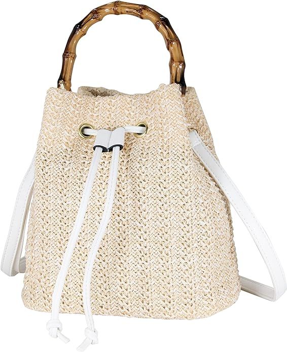 Hirooms Women Beach Bag Straw Woven Shoulder Bag Crossbody Bucket with Bamboo Handle Drawstring H... | Amazon (US)