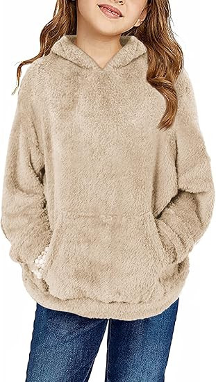 Haloumoning Girls Fuzzy Fleece Pullover Hoodies Sweatshirt Casual Loose Outwear Coat with Pockets... | Amazon (US)