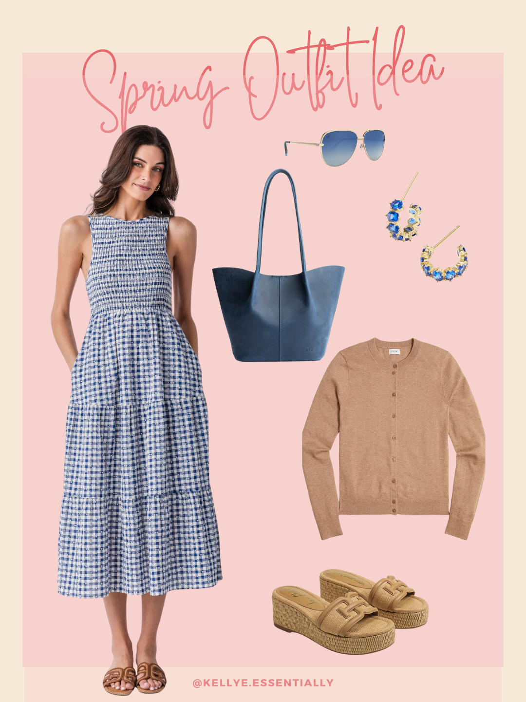 This blue gingham midi dress paired with neutral sandals, a lightweight cardigan, and a classic tote is perfect for everyday style. And super cute! 

 #LTKootd #LTKSeasonal
