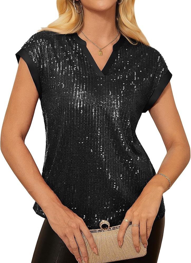 GRACE KARIN Women's Sequin Sparkly Tops Cap Sleeve Dressy Blouses Glitter Party Tops V Neck Disco... | Amazon (US)