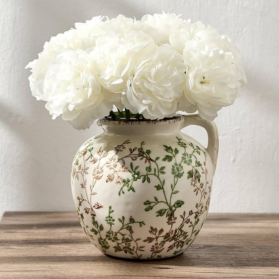 Green and Beige Antique Vase, 5.39 Inch Vintage Chinoiserie Floral Vase, Rustic Ceramic Vase for ... | Amazon (US)