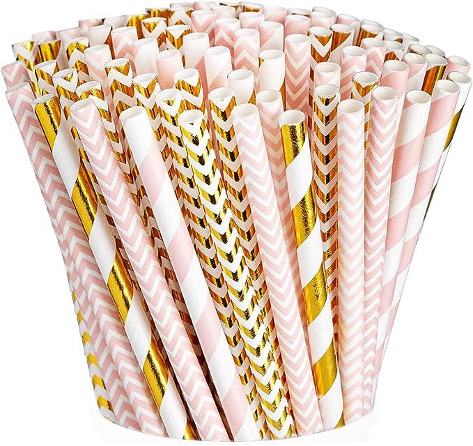 [200 Pack] Pink & Gold Paper Drinking Straws 100% Biodegradable Multi-Pattern Party Straws | Amazon (US)