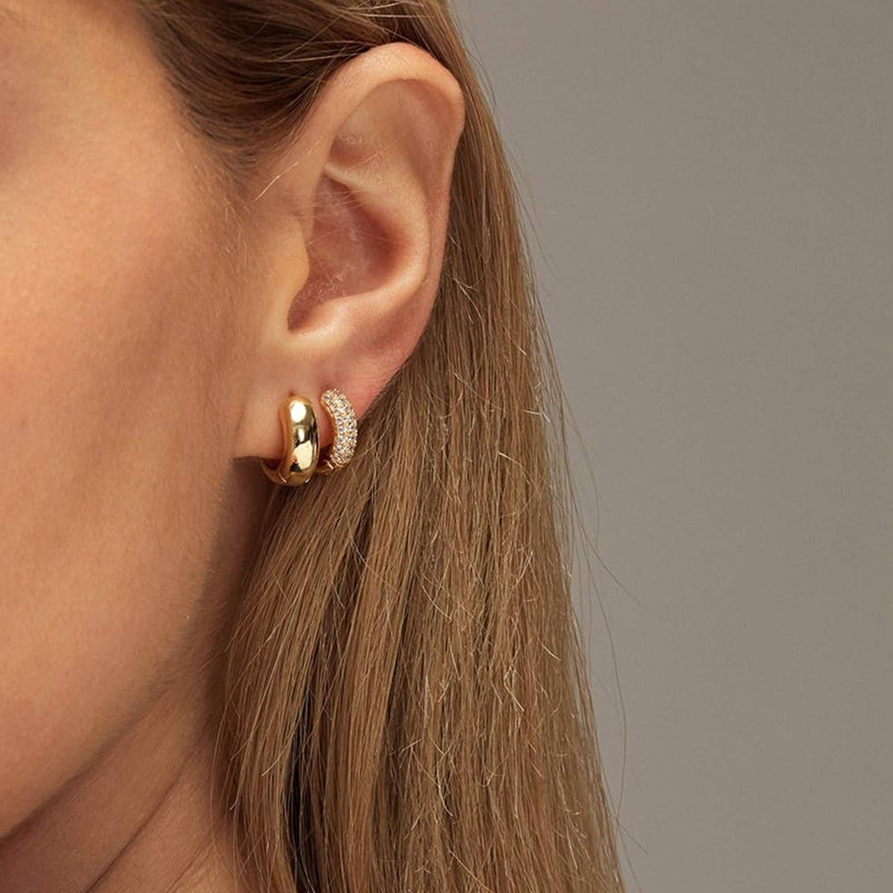 ALEXCRAFT Small Gold Hoop Earrings Set for Women Diamond Pave Gold Earrings Set with Silver Post | Amazon (US)