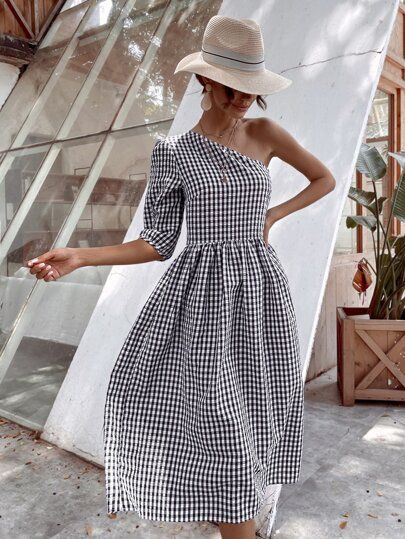 Gingham Print One Shoulder A-line Dress | SHEIN