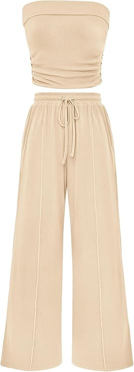 PRETTYGARDEN Womens Summer Outfits 2 Piece Sets Casual Ribbed Knit Crop Tube Top Wide Leg Pants S... | Amazon (US)