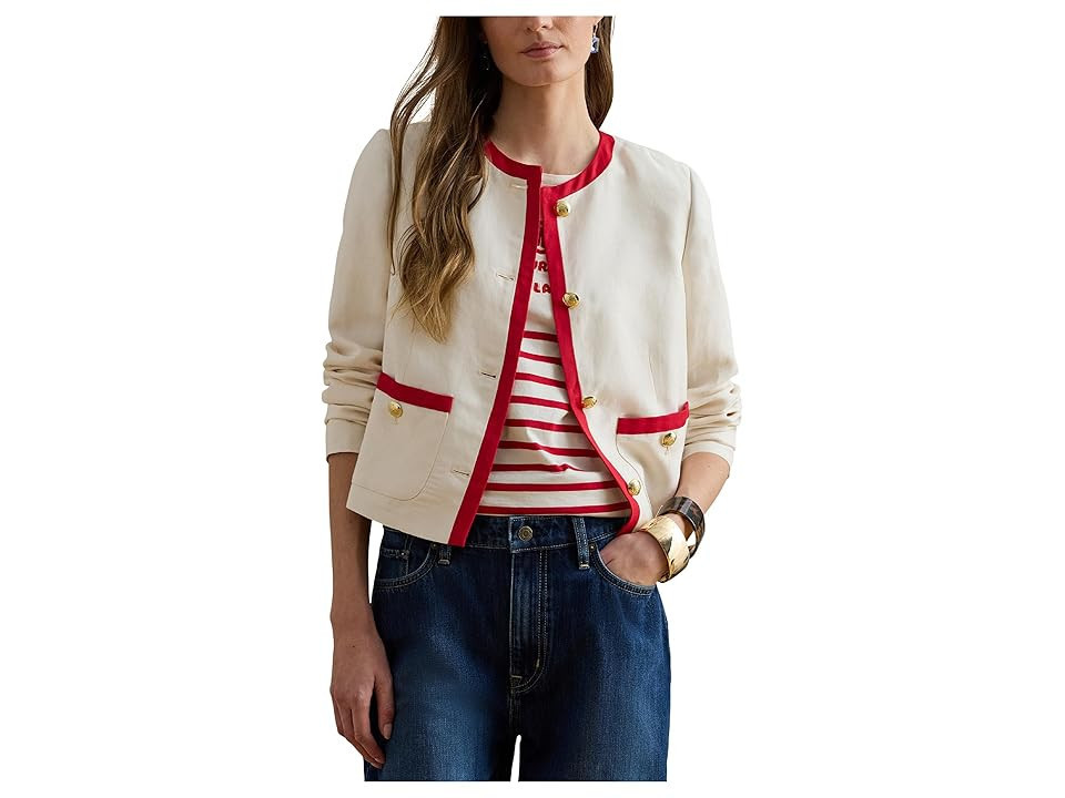 Lauren Ralph Lauren Petite Two-Tone Linen-Blend Twill Blazer Women's Jacket Mascarpone Cream/Cruise Red : 0P, Linen/Viscose | Zappos