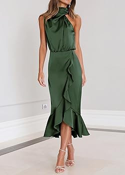 KIRUNDO Women 2026 Spring Summer Satin Mock Neck Wedding Guest Party Cocktail Midi Dress Sleevele... | Amazon (US)