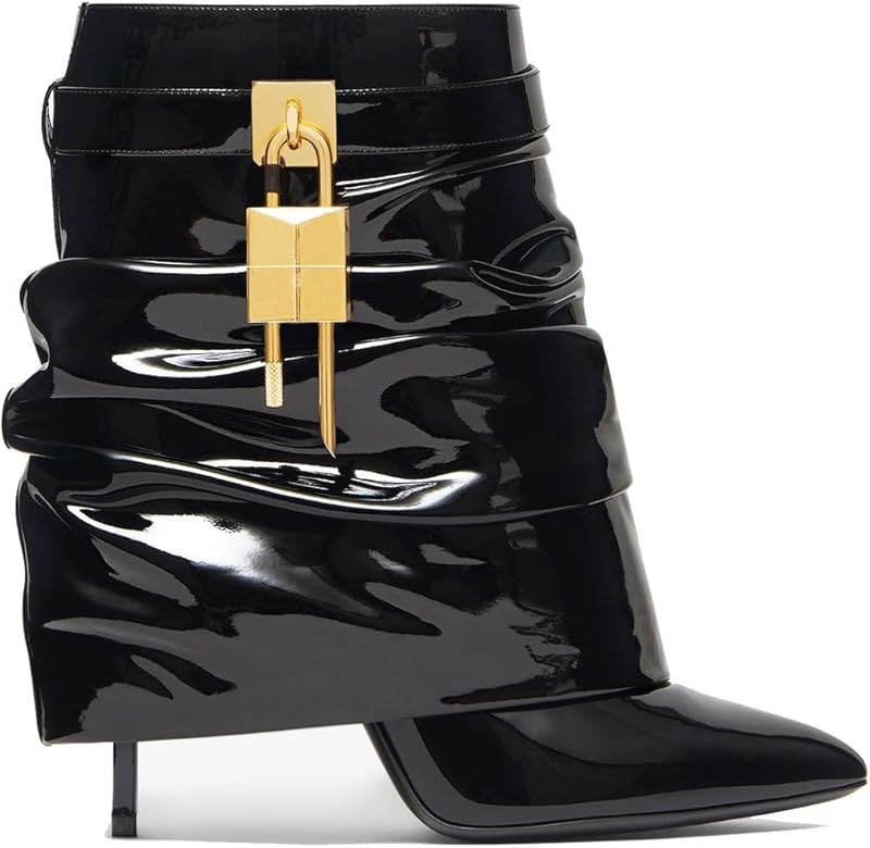 Amazon.com | THESHY Women's Fold Over Stiletto Ankle Boots Pointed Toe Lock Mid Calf Shark Bootie... | Amazon (US)