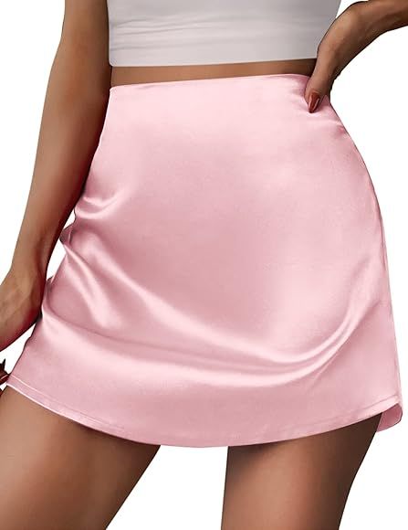 Zeagoo Women's Mini Skirts Satin Silk High Waist Bodycon Skirts Casual Short Skirt with Zipper | Amazon (US)