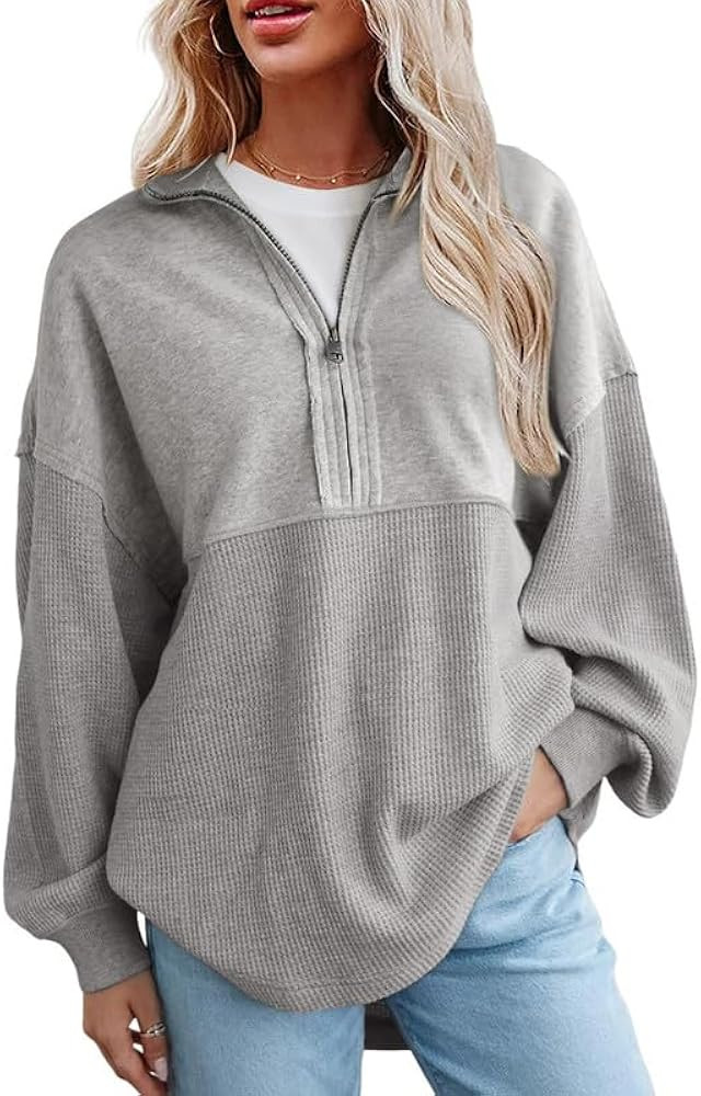 SHEWIN Womens Sweatshirt Casual Waffle Knit Half Zip Pullover Loose Long Sleeve Tops Fall Outfit ... | Amazon (US)