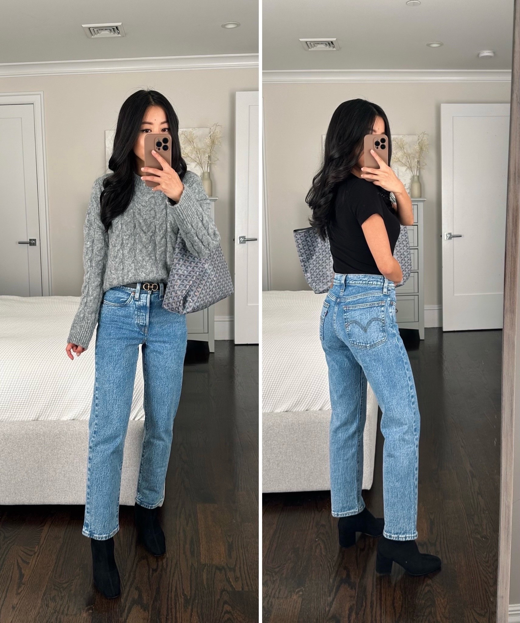 pictured here: Levi's wedgie straight jeans TTS. I’m wearing 24 waist x 26 length in wash “space to think” 

The fit is slim straight with a high rise that hits ankle length on me in the shortest 26″ inseam (I’m 5ft) 

• Abercrombie sweater xxs 

• Edited Pieces belt xxs (avail at EditedPieces.com) 

•Goyard bag 

#petite jeans outfit 

#LTKHoliday 

#LTKSeasonal #LTKfindsunder100