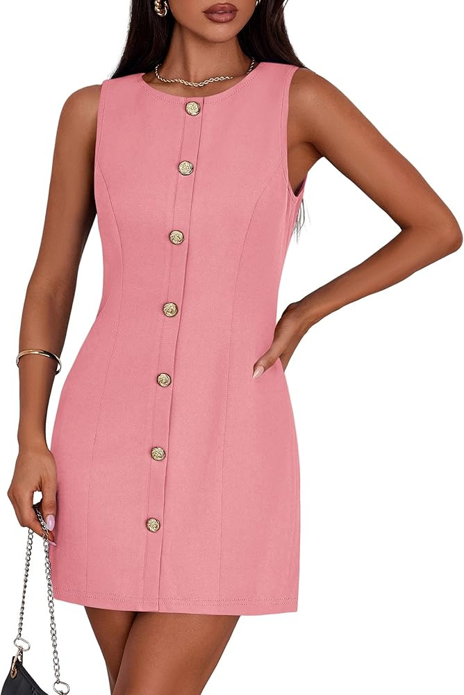 PRETTYGARDEN Work Dresses for Women 2026 Summer Business Formal Short Dress Sleeveless Button Dow... | Amazon (US)