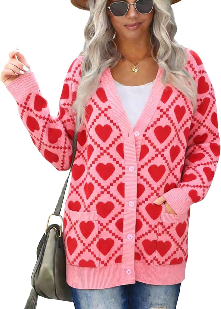 Valentine Cardigan Sweaters for Women Button Down Sweater with Pockets Heart Print Open Front Kni... | Amazon (US)