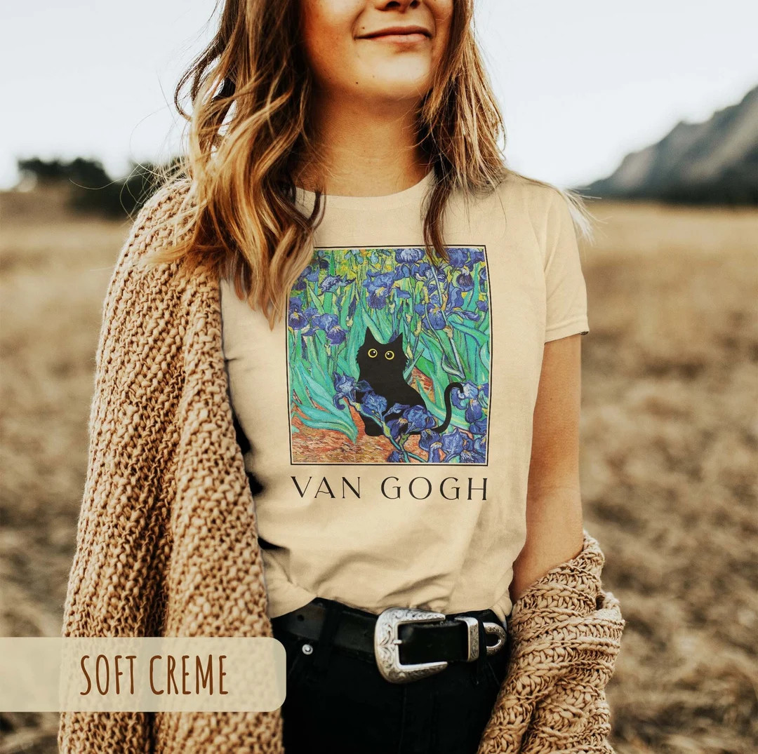 Van Gogh Cat Shirt, Van Gogh Irises Cat Tshirt, Black Cat Tee, Funny Cat Shirt, Flowers Shirt, La... | Etsy (US)