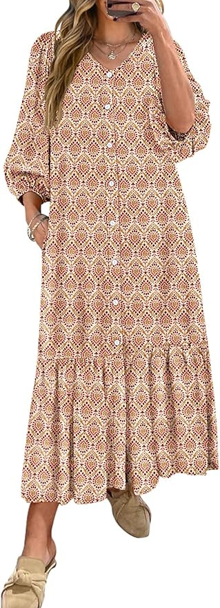 ANRABESS Boho Maxi Dresses for Women Summer Puff Sleeve V Neck Flowy Long Casual Dress with Pocke... | Amazon (US)