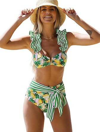SPORLIKE Women High Waisted Swimsuit Flounce Straps Bikini Bathing Suit | Amazon (US)