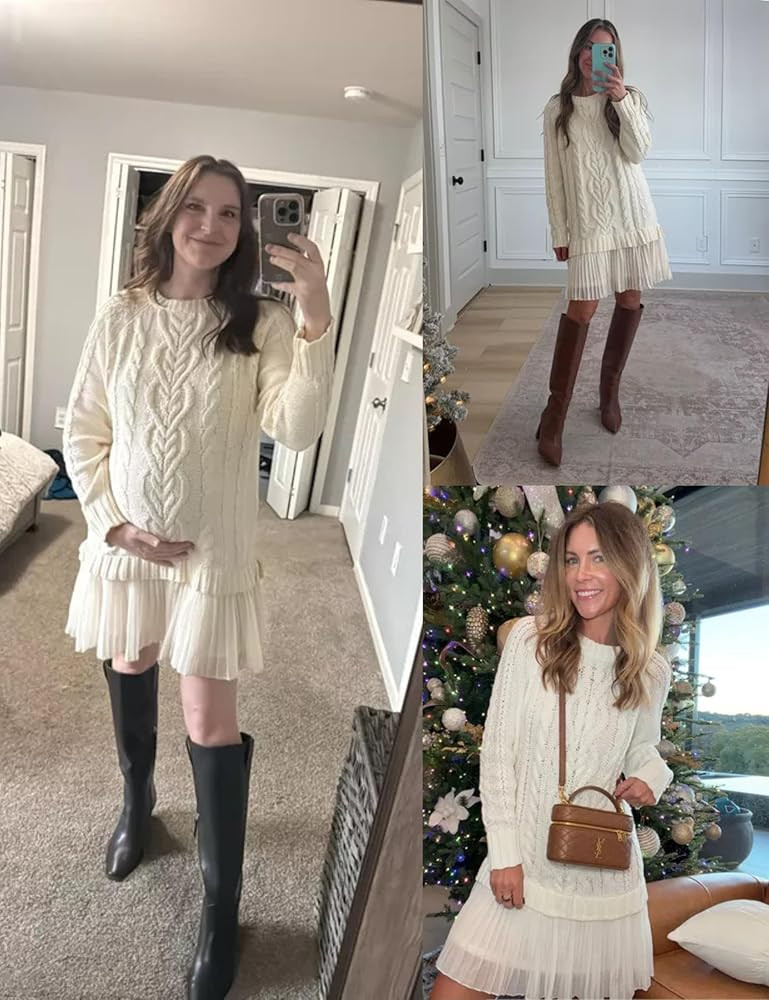 Women Cable Knit Sweater Dress Crewneck Long Sleeve Pleated Mini Dress Twofer Style Patchwork Dre... | Amazon (US)