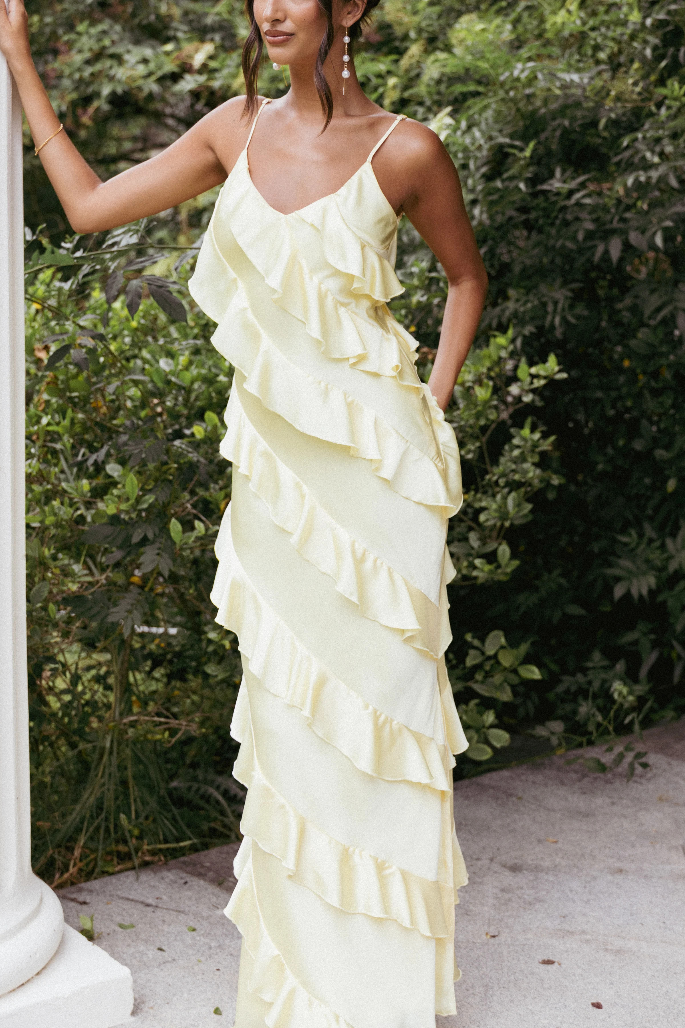 Ciao Ruffles Maxi Satin Dress - Pale Yellow | Petal & Pup (US)
