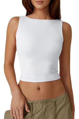 QINSEN Women's Sexy Open Back Sleeveless Crop Tank High Neck Slim Fit Cropped Tee Shirt Tops White M | Amazon (US)