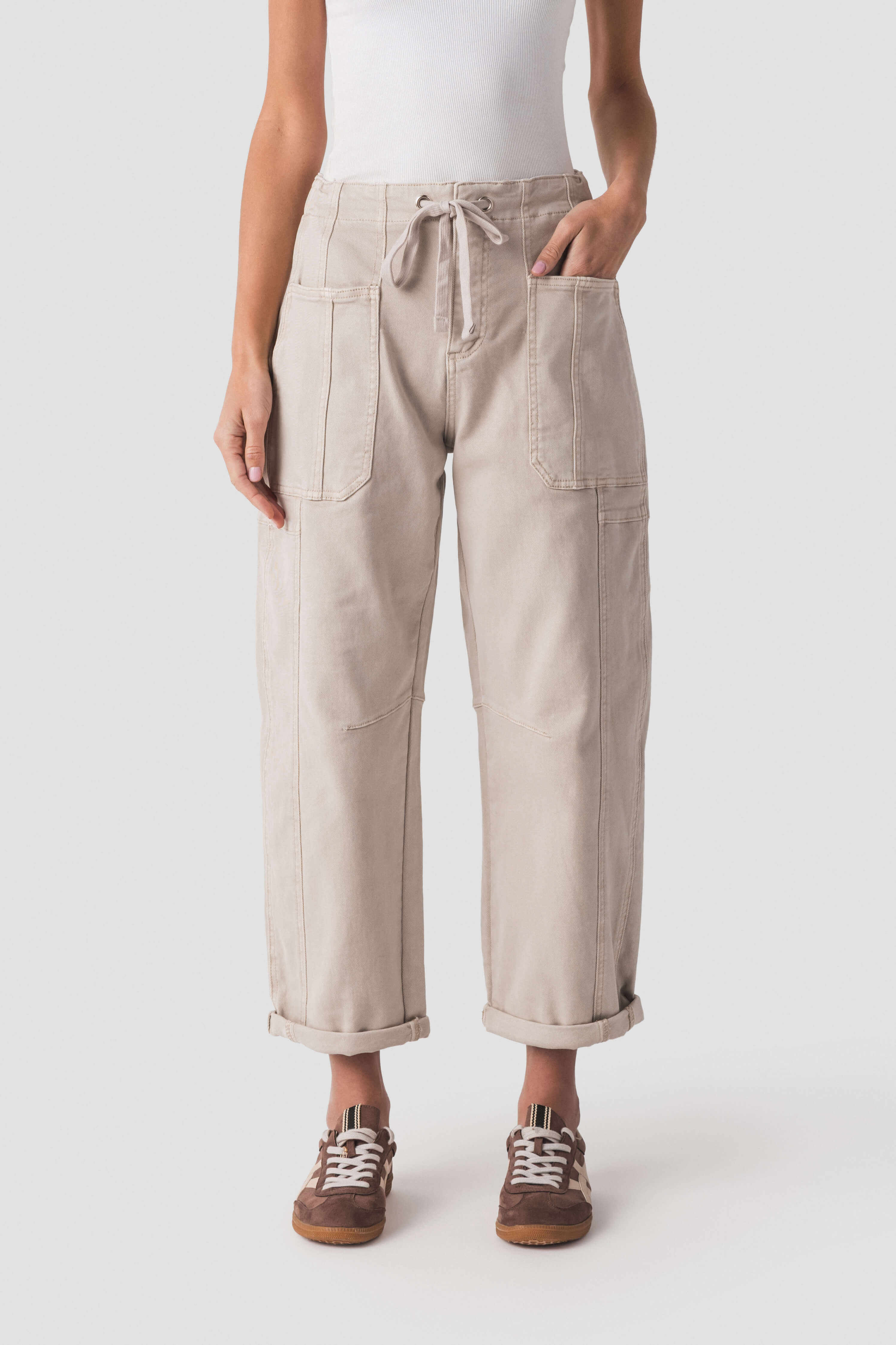 Risen Elle High Rise Crop Barrel Cargo Cuffed Pants | Social Threads